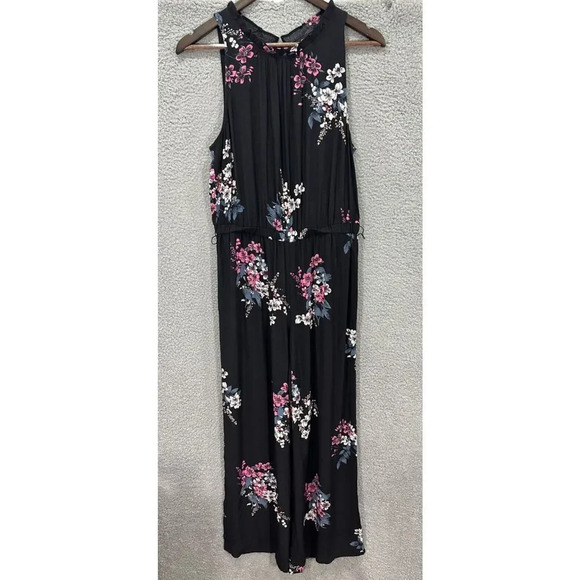 LOFT women jumpsuit womens small black floral sleeveless wide leg‎ stretch waist - Picture 1 of 9